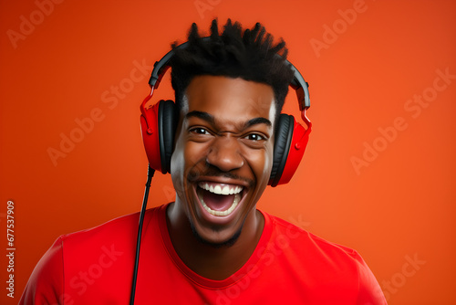 studio portrait of happy black gamer man wearing headphones isolated on orange background