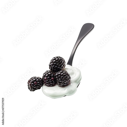 Blackberry yoghurt on spoon isolated on transparent background