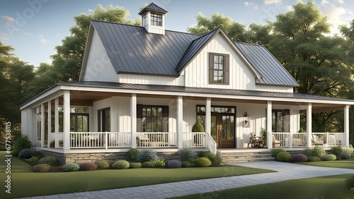 A farmhouse-style residence in a rural setting with a large front porch and barn-style doors © AI ARTS