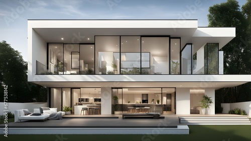 A sleek and contemporary house in an urban setting with large windows and clean lines. © IBRAHEEM'S AI