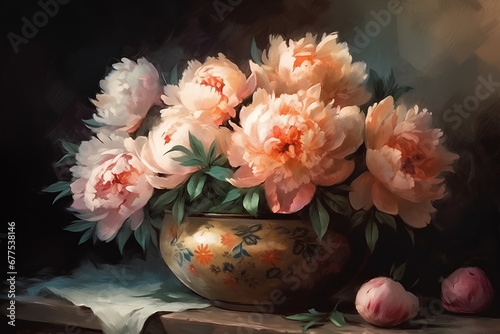 Bouquet of peonies in a vase on a wooden table, still life, watercolor painting © tynza