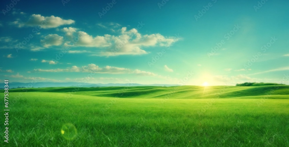 Green grass on blue clear sky, spring nature theme. Panorama Blue sky with sun and green field with grass beautiful panoramic natural landscape spring summer background generative ai 

