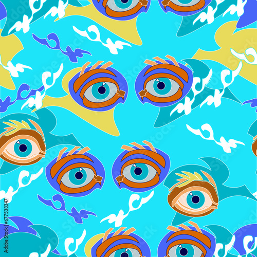 seamless pattern - an image of cartoon eyes appearing among the waves, in the ocean, in the summer.