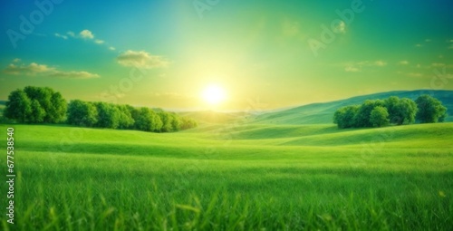 Green field with grass against blue sky with sun beautiful panoramic natural landscape spring summer background Green plain Background Images with sunlight generative ai
