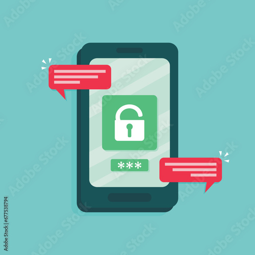 Vector illustration of mobile phone unlock notification button and password notification field, mobile phone security. Protection technology icon.