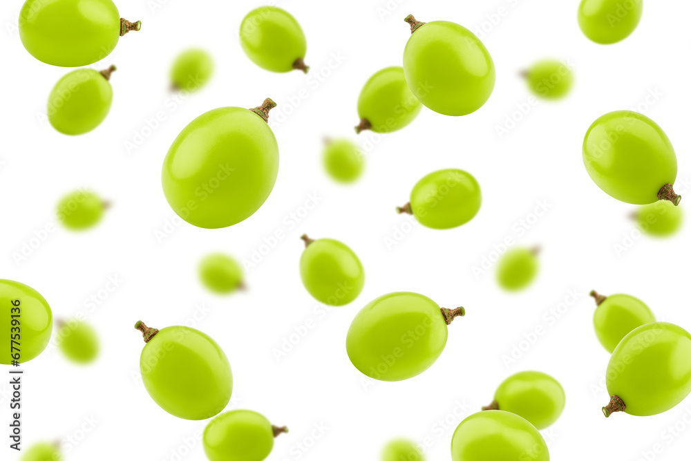 Falling green Grape, isolated on white background, selective focus Falling green Grape, isolated on white background, selective focus