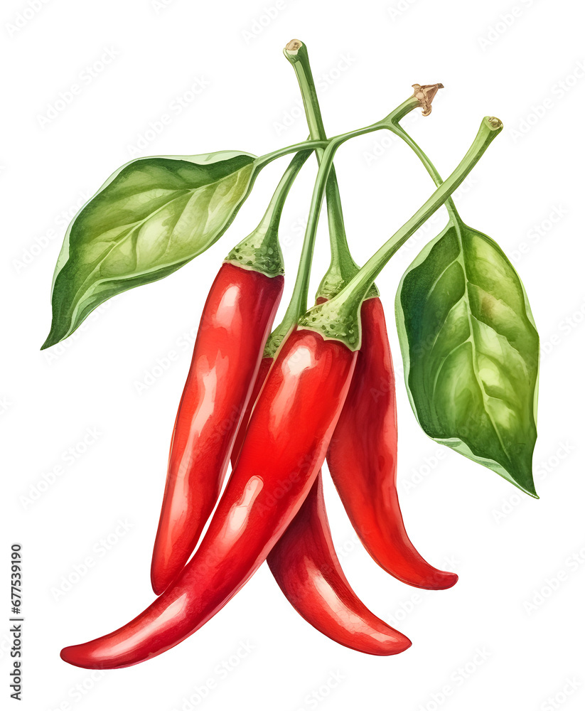 red hot chili pepper Watercolor hand drawing painting, vegetable, PNG File, isolated on white background. - obrazy, fototapety, plakaty 