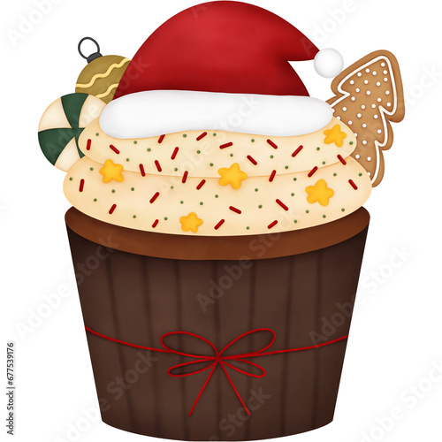 Christmas cupcake with Santa hat, gingerbread cookie, candy and sprinkles transparent background png. Watercolor Illustration. 