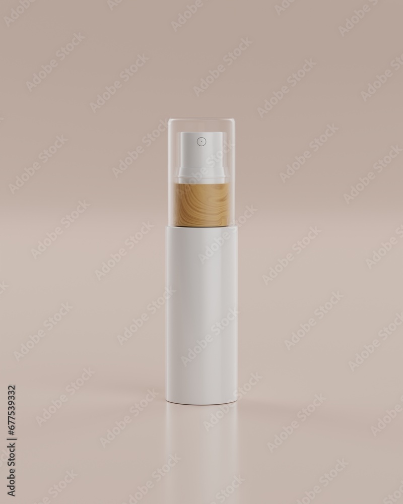 The plain white and wood packaging spray bottle of a skincare product with beige background viewed from front for mockup. 3D Rendering The plain white and wood packaging spray bottle of a skincare product with beige background viewed from front for mockup. 3D Rendering