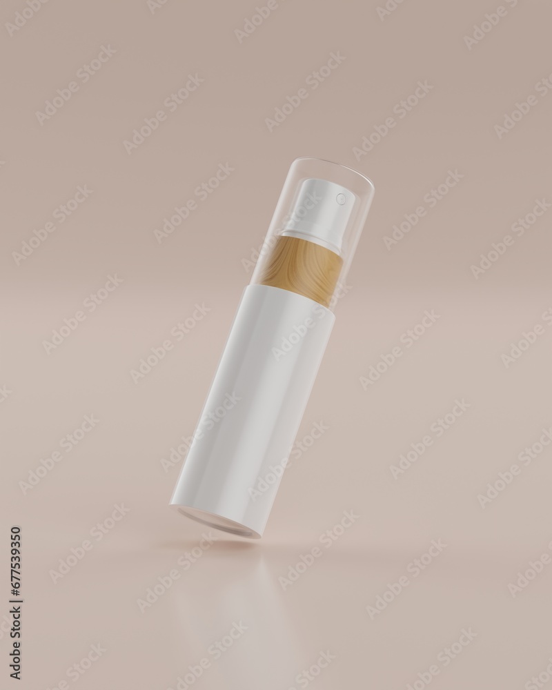 The plain white and wood packaging spray bottle of a skincare product with beige background in flying position viewed from front for mockup. 3D Rendering The plain white and wood packaging spray bottle of a skincare product with beige background in flying position viewed from front for mockup. 3D Rendering