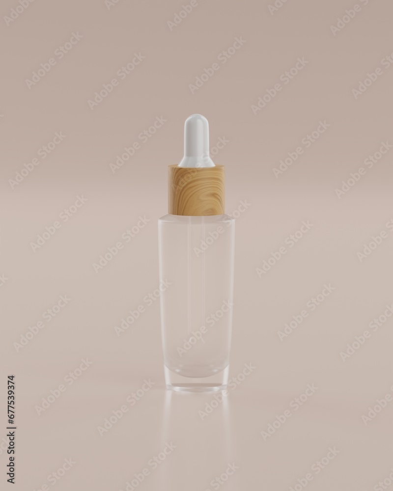 The plain white and wood packaging pipette bottle of a serum product with beige background viewed from front for mockup. 3D Rendering The plain white and wood packaging pipette bottle of a serum product with beige background viewed from front for mockup. 3D Rendering