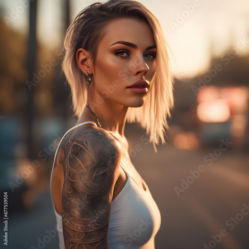 Portrait of a pretty woman in an athletic style outfit with tattoos