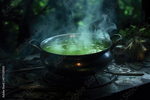 Cauldron Emits Green Glow On Dark, Foggy Backdrop