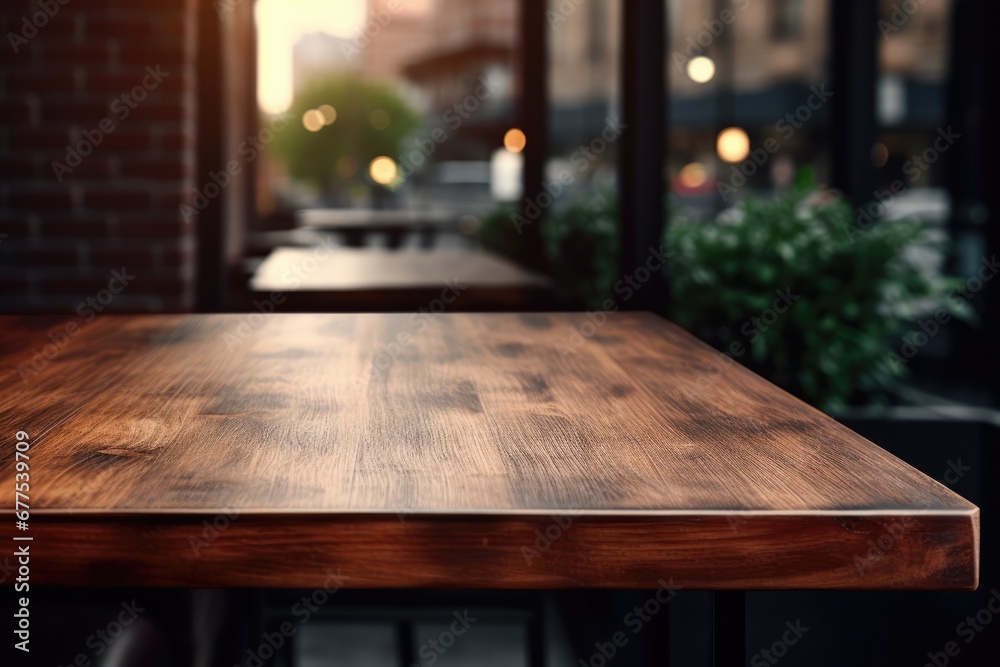 Dark Wood Table In Cafe, Blurred Background Dark Wood Table In Cafe, Blurred Background
