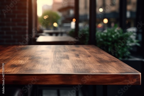 Dark Wood Table In Cafe, Blurred Background © Anastasiia