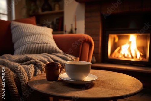 Cozy Living Room With Mug Of Hot Tea And Fireplace