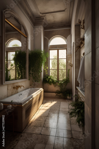 Mediterranean style interior of bathroom. Vintage tiles on the floor, decorative green plants