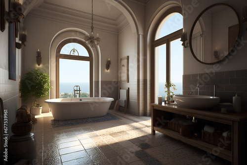Mediterranean style interior of bathroom. Large windows with sea view