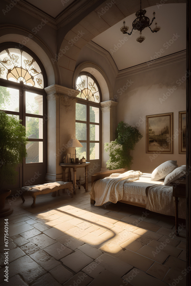 Mediterranean style interior of bedroom. Vintage tiles on the floor, windows with staines glass