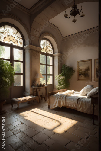 Mediterranean style interior of bedroom. Vintage tiles on the floor  windows with staines glass