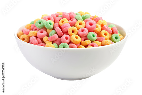 Colorful cereals with milk in a bowl isolated on white background