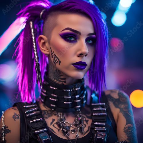 A beautiful woman with pink hair leather outfit and tattoos  photo