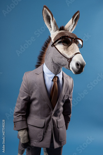 donkey animal in the form of a man in a suit and sunglasses, a joke on the boss, director, generative ai
