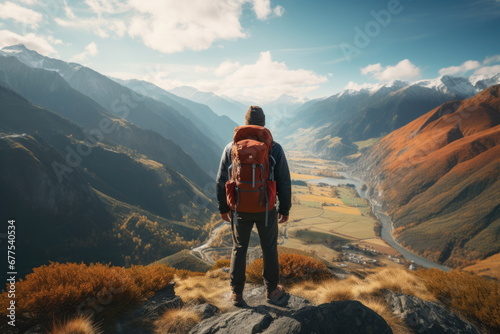 backpacker standing on the mountain with beautiful valley landscape