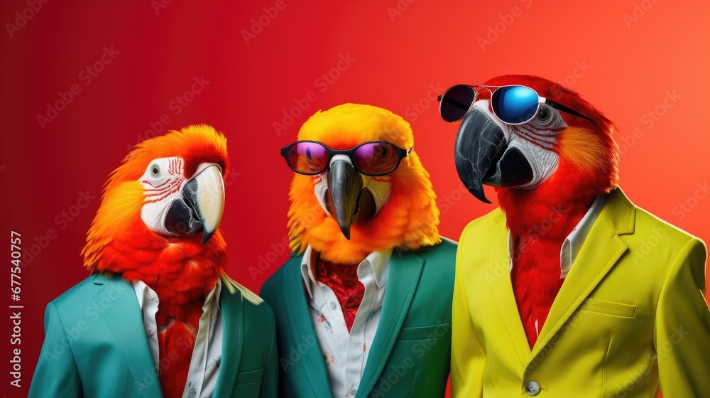 Three funny parrots in a business suit and sunglasses on a red background.