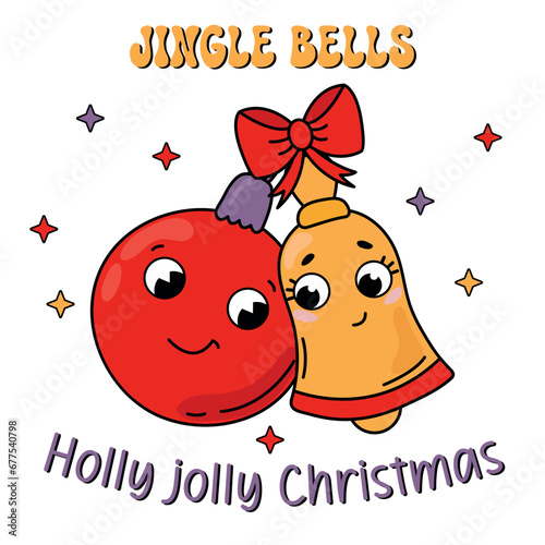 Christmas card in retro style. Jingle bells. Holly jolly Christmas.