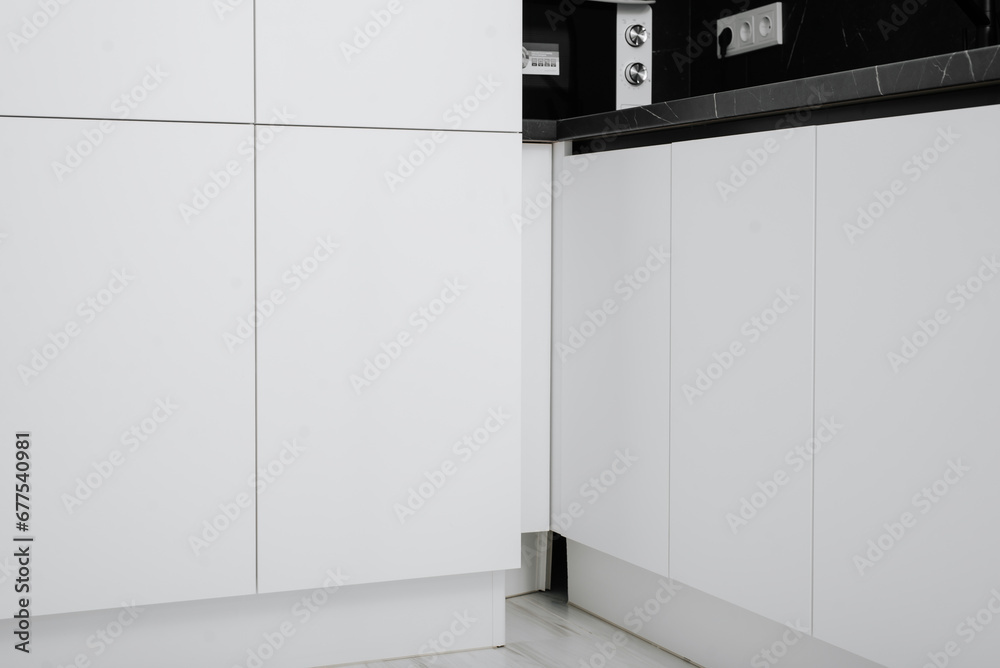 Kitchen interior white and black, drawers Kitchen interior white and black, drawers