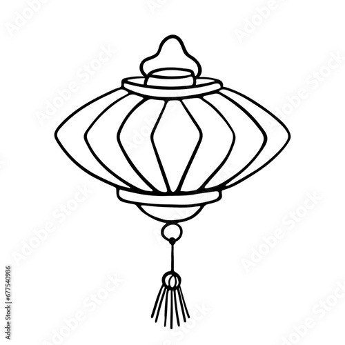 Hanging Chinese lantern with tassel isolated on white. Black line drawing sketch in doodle style. Vector picture for oriental culture and traditional decoration illustration, holiday design, print.