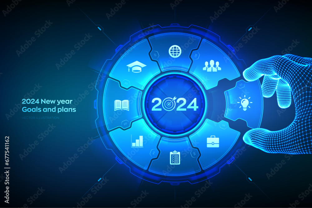 2024 New year Goals and plans. Wireframe hand places an element into a composition visualizing Goal acheiveement and success in 2024. Business plan and strategies concept. Vector illustration. 2024 New year Goals and plans. Wireframe hand places an element into a composition visualizing Goal acheiveement and success in 2024. Business plan and strategies concept. Vector illustration.