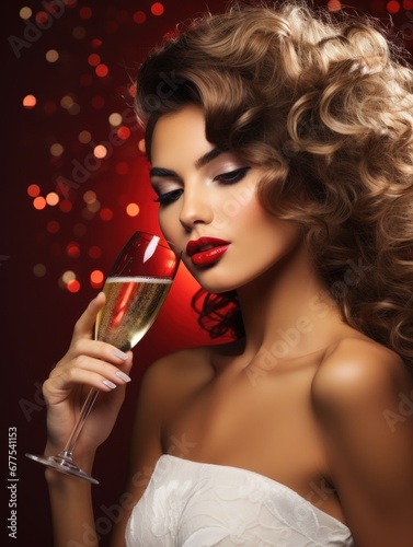 glamour portrait of a beautiful girl with a glass of tasty champagne at new year's party closeup