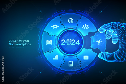 2024 New year Goals and plans. Wireframe hand places an element into a composition visualizing Goal acheiveement and success in 2024. Business plan and strategies concept. Vector illustration.