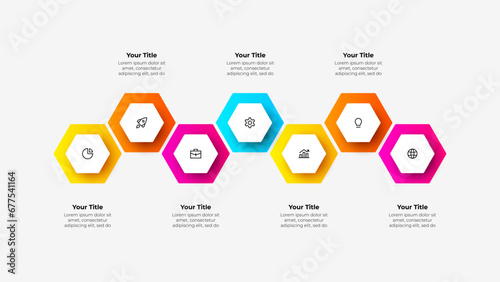 Seven hexagons for business presentation. Infographic elements. Business concept with 7 options. Timeline business development process photo