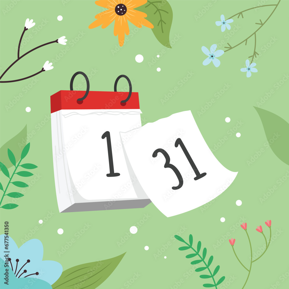 A calendar where you need to tear off pages. The last day of the month and the beginning of a new one. Calendar vector illustration on spring background in flat style