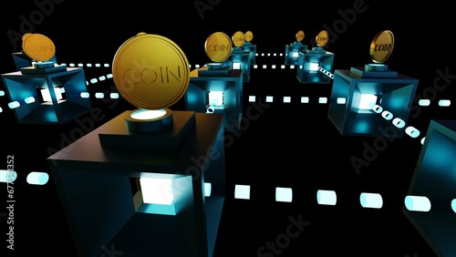 Decentralized Finance (DeFi) is a new financial paradigm that leverages distributed ledger technologies. Glowing boxes with gold coin 3d rendering