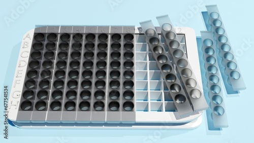 Enzyme-linked immunosorbent assay (ELISA) kits removeable plate strips, reagents and ultrasensitive biomarker detection 3d rendering