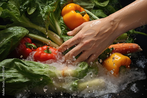 close up hands washing vegetables