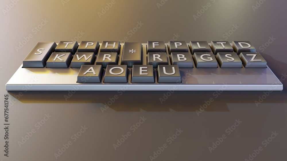 Closeup 3D rendering of a stenotype keyboard, also known as a