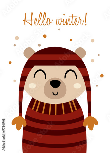 Greeting card with winter bear in cartoon flat style