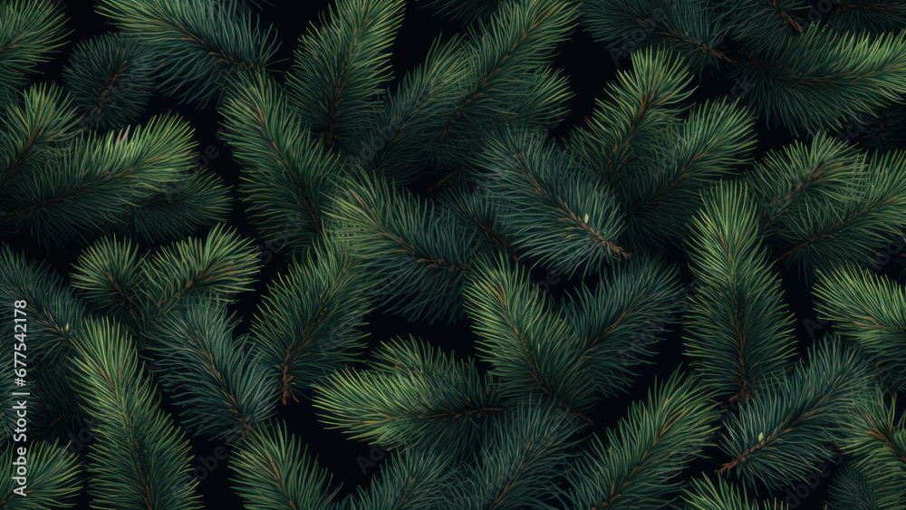 Background of green Christmas tree branches, top view in dark lighting.