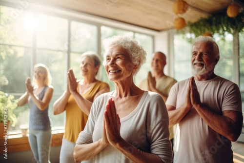 The elderly people in the house were eager to stand and do yoga together. The concept of active aging photo