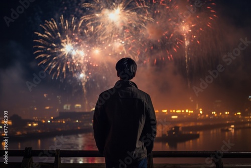 A young man alone is watching fireworks. new year celebration