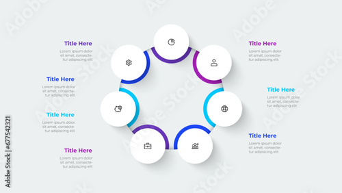 Cycle diagram with 7 options or steps. Slide for business presentation. Circle abstract element divided into seven parts
