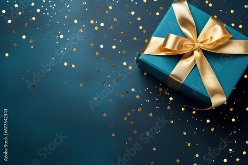 Blue gift box with gold satin ribbon on background Top view of birthday gift with copy space for holiday or Christmas gift.