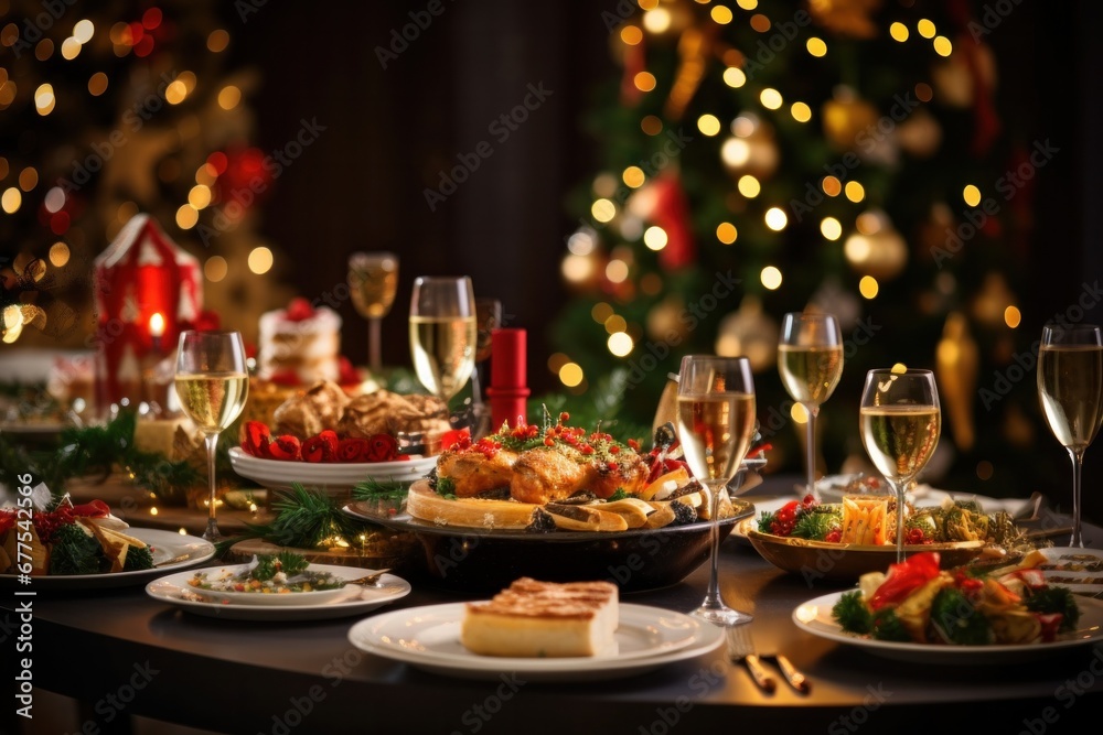 Elegant Christmas dinner table filled with food, New Year decorations with Christmas tree in the background.