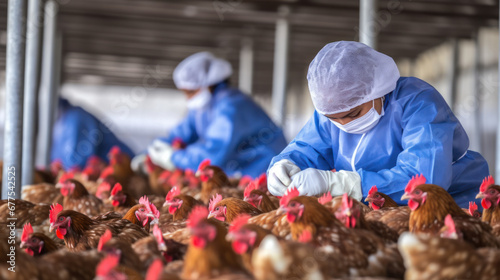 Workers in Poultry Farm Inspecting Chickens photo