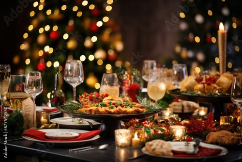 Elegant Christmas dinner table filled with food, New Year decorations with Christmas tree in the background. © ORG
